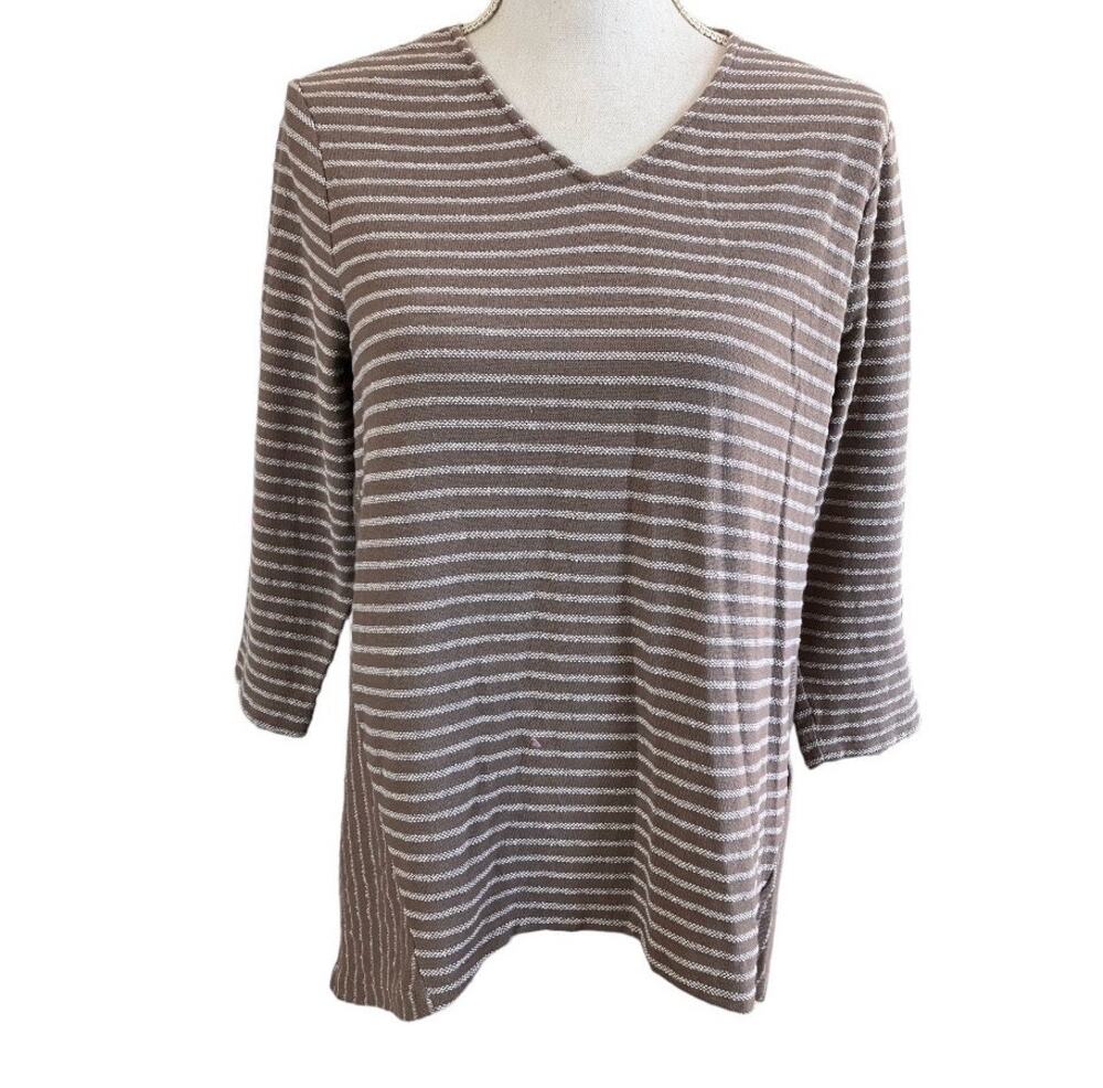 Chico's Tan White Striped 3/4 Sleeve Top Size 1